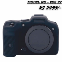 "Black silicone protective camera case for Canon EOS R7 shown on the camera body with price text Rs 2499."