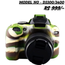 "Military green camouflage silicone protective cover fitted on a Nikon D3400 DSLR camera."