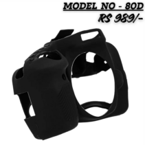 Black custom-fit silicone protective case skin for Canon EOS 80D DSLR camera, showing textured grip and precise button cutouts.