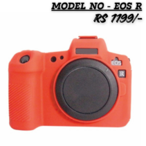 "Vibrant red silicone protective case fitted on a Canon EOS R camera body, featuring a textured grip and precision cutouts for buttons and lens mount."