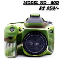 Military green camouflage silicone protective case fitted on a Canon EOS 80D camera body, featuring a rugged texture and precise button cutouts.