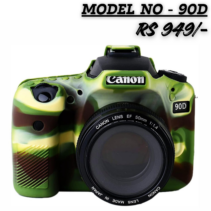 Military Green Camouflage silicone protective cover fitted on a Canon EOS 90D camera with a 50mm lens.