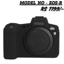 "Black silicone protective case and armor skin custom-fit for Canon EOS R mirrorless camera body."