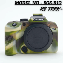 "Product shot of a protective silicone camera case in military green camouflage for Canon EOS R10, featuring text 'Model No - EOS-R10' and price 'RS 1199/-'."
