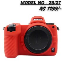 Red silicone protective cover skin for Nikon Z6 and Z7 mirrorless cameras, showing a front view of the shockproof rubber case with precise cutouts for buttons and the Nikon logo.