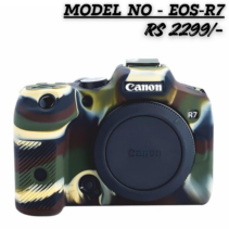 Military green camouflage silicone protective case for Canon EOS R7 mirrorless camera, priced at RS 2299.