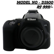 Black silicone protective skin case for Nikon D3500 DSLR camera, showing front view with precision cutouts and textured grip.