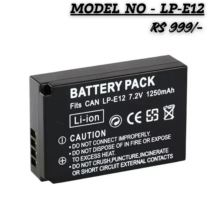 "LP-E12 Rechargeable Lithium-Ion Battery Pack, 7.2V 1250mAh, compatible with Canon cameras. Black rectangular battery showing technical specifications and safety warnings."