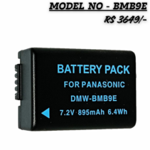 "Rechargeable DMW-BMB9E Lithium-ion battery pack for Panasonic Lumix cameras, 7.2V 895mAh 6.4Wh capacity, black finish."