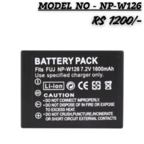"NP-W126 rechargeable Li-ion battery pack for Fujifilm cameras, 7.2V 1600mAh, black lithium-ion battery back view."