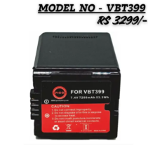 PICO VBT399 Rechargeable Li-Ion Battery for Panasonic Camcorders, 7.4V 7200mAh 53.3Wh, showing product labels and safety icons.