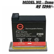 "PICO brand rechargeable Li-ion battery for DJI Osmo Action camera. The black battery features a red and white label displaying technical specs: 2500mAh, 3.85V, and BIS safety certification. Text at the top reads 'MODEL NO - Osmo' and 'RS 1299/-'."