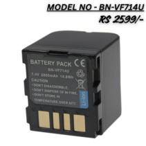 "BN-VF714U Rechargeable Li-ion Battery Pack 7.4V 2000mAh for JVC Everio Camcorders showing front label and gold connectors."