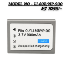 Front view of LI-80B NP-900 camera battery showing technical specifications and terminal polarities.