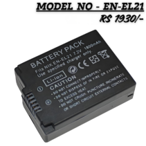 EN-EL21 Rechargeable Li-ion Battery Pack for Nikon cameras, 7.2V 1800mAh, black finish with safety warnings and contact pins visible.