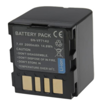 "BN-VF714U Rechargeable Li-ion Battery Pack 7.4V 2000mAh for JVC Everio Camcorders showing front label and gold connectors."