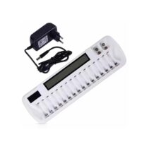 Universal 16-slot rechargeable battery charger with LCD screen for AA, AAA, Ni-MH, Ni-CD, and 9V batteries.