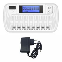 White 8-bay universal smart battery charger with an LCD screen displaying a charging (CHG) status for eight batteries, shown next to its black European-style power adapter.
