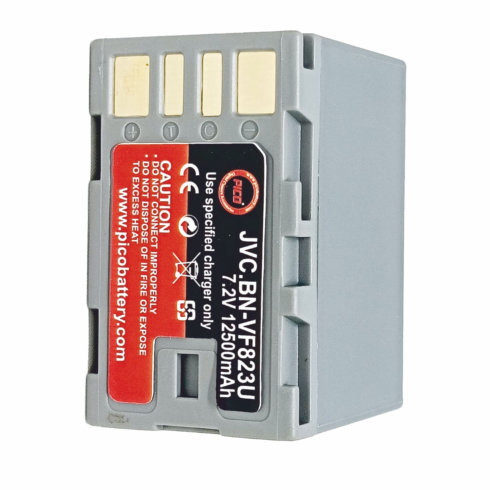 PICO BN-VF823U Lithium-Ion Battery retail packaging for JVC camcorders featuring extra power and multi-protection safety.