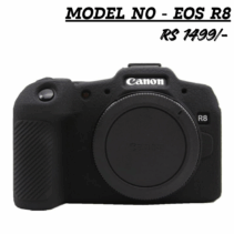 Black silicone protective case for Canon EOS R8 mirrorless camera body, showing the lens mount area and grip, with text reading "MODEL NO - EOS R8 RS 1499/-".