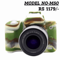 Canon EOS M50 silicone camera cover in a military camouflage pattern, showing the product price of RS 1179/- and the model number M50.