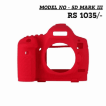 Red silicone protective cover (skin) for Canon EOS 5D Mark III camera, displayed against a white background with the price RS 1035/- and model number text overlay.