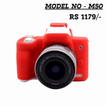 Red silicone protective cover for a Canon EOS M50 mirrorless camera, shown covering the camera body with the 15-45mm kit lens attached. The price of RS 1179/- is visible at the top.