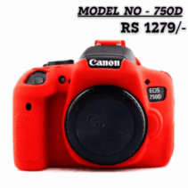 Red silicone protective cover for a Canon EOS 750D DSLR camera body, showing the model number and a price of RS 1279/- on a white background.
