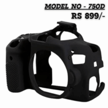 Black silicone protective camera cover (skin) for Canon EOS 750D/Rebel T6i, priced at RS 899/-. The case shows precise cutouts for the lens mount and controls, and a textured grip area.