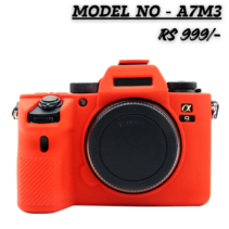 "Vibrant red silicone protective camera case for the Sony Alpha A7M3 (A7 III). The cover features cutouts for the controls and a black lens cap, with text overlay indicating 'MODEL NO - A7M3 RS 999/-'."
