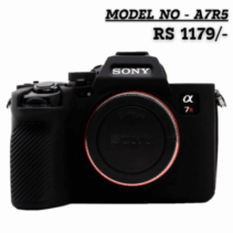 Custom-fit black silicone camera case for Sony a7R V (A7R5) model, showing the non-slip grip texture and lens mount opening.