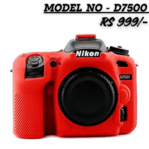 Red silicone protective cover/case for Nikon D7500 DSLR camera.