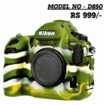 Front view of a Nikon D850 camera body covered with a custom-fit, textured silicone skin in a military green, yellow, and black camouflage design. The price is listed as RS 999.