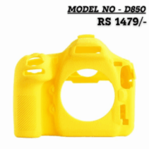 Bright yellow silicone protective cover for a Nikon D850 DSLR camera body, showing the camera's shape. The text overlaid on the image reads "MODEL NO - D850 RS 1479/-".
