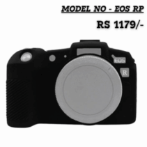 Black silicone protective cover for Canon EOS RP mirrorless camera body, shown with a silver lens cap, priced at RS 1179/-.