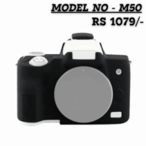 Model No M50: Black silicone rubber protective case for a Canon mirrorless camera, priced at RS 1079/-. Good balance of description, model number, and price for a product image.