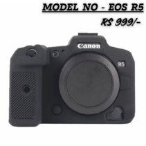 Model NO - EOS R5. A black, textured, silicone armor cover/case shown on a Canon EOS R5 camera body. Price Rs 999/-.