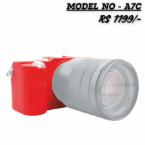Red silicon protective camera case cover compatible with the Sony A7C mirrorless camera body, shown fitted onto the camera. The lens is grey/silver. The price "RS 1199/-" and model number "MODEL NO - A7C" are displayed above the camera.