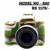 Canon R50 silicone cover in a camouflage pattern, priced at RS 1179, showing the custom fit around the lens.