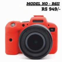 Canon R6 II camera body with a bright red silicone protective case (Model No. R6II) and a large black lens attached. The price is displayed as RS 949/-.