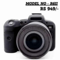 Black silicone protective cover for Canon EOS R6 Mark II (R6II) camera body, shown from the front with the lens attached. Text on the image indicates the model number R6II and price RS 949/-.