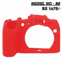 Red silicone protective camera cover for the Canon EOS R8, shown on a white background with the text "MODEL NO - R8 RS 1479/-".