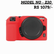 Red silicone protective cover for Nikon Z30 camera model Z30 priced at RS 1079.