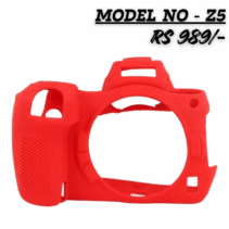 Red silicone protective case for Nikon Z5 camera body, displaying Model Z5 and price RS 989/-.