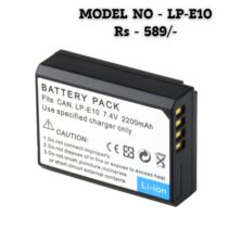 "LP-E10 Li-ion rechargeable battery pack for Canon EOS cameras, 7.4V 2200mAh capacity with gold-plated contacts, black matte finish."