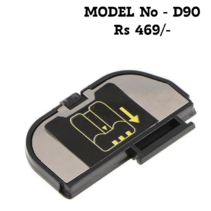 "Replacement battery door cover for Nikon D90 DSLR camera, black plastic chamber lid with metal hinge and locking mechanism, front and back view."
