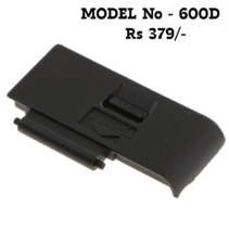 "Replacement battery door cover for Canon EOS 600D Rebel T3i DSLR camera, matte black plastic battery compartment lid."
