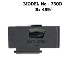 "Replacement battery door cover for Canon EOS 750D DSLR camera showing the 'BATT. OPEN' slider and hinge pins."