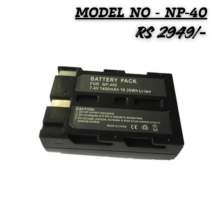 "NP-400 Rechargeable Lithium-Ion Battery Pack, 7.4V 1400mAh 10.36Wh, showing contact points and safety labels."