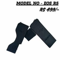 Replacement rubber interface port covers for Canon EOS R5 camera featuring MIC, HDMI, and USB labels on black rubber caps, priced at RS 499.